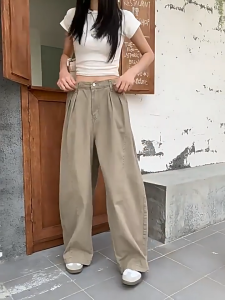 Crush Fashion Women High Waist Oversized Baggy Wide Leg Pants Elastic Waist Relaxed Solid Color Summer Casual Daily Streetwear