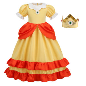 Girls Daisy Princess Yellow Layered Tulle Dress with Accessories Game Character Cosplay Costume Kids Halloween Carnival Gown