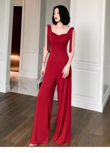 Red High-Waist Strapless One-Piece Summer 2024 Evening Gown Floor-Length Straight Leg Pants Personality Temperament Celebration Dress