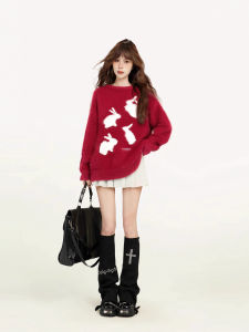 Red Mink Sweatshirt Womens Autumn Winter New Year Thickened Outerwear Design Unique round Neck Long Sleeve Regular Fit