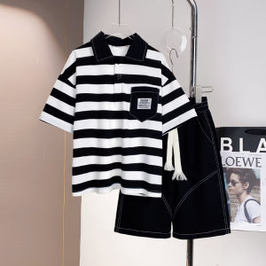 BeiYiMeng Boys clothing sets korean style Stripe Kids Outfit Childrens Clothes Summer Short sleeve Suits New Medium and Big Children Trendy Two-piece Set Handsome T-Shirts POLO