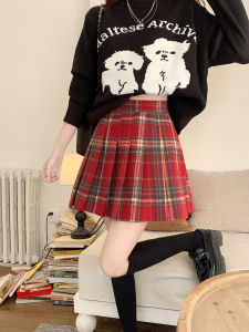 กระโปรงสั้นทรงเอเอวสูงลายสก็อตสีแดงไซส์ใหญ่สำหรับผู้หญิง ฤดูใบไม้ร่วง/ฤดูหนาว 2023 กระโปรงสั้นทรงเอสไตล์วิทยาลัยใหม่