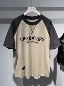 เสื้อยืดคอกลมแขนสั้นผ้าฝ้ายแท้สไตล์ลำลองสำหรับผู้ชาย ทรงหลวม สไตล์ย้อนยุค สีบล็อก แฟชั่นฤดูร้อน เสื้อยืดเทรนด์ใหม่