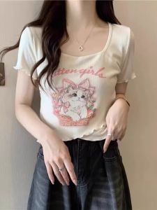 เสื้อยืดคอกว้างแขนสั้นทรงหลวมสไตล์เกาหลีสำหรับผู้หญิงในฤดูร้อนปี 2025 ลายแมว แขนสั้น ทรงหลวม แขนสั้น แขนสั้น แขนสั้น