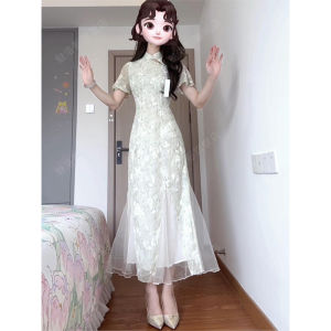 New Chinese Style Tea Ceremony Floral Fish Tail Long Dress Womens Summer Elegant Simple Tea Art Short Sleeve High Waist Gown