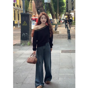 กางเกงยีนส์ทรงหลวมเอวสูงสีน้ำเงินเข้มสไตล์ฮ่องกงย้อนยุคสำหรับผู้หญิง กางเกงขายาวทรงหลวมสบายๆ ฤดูใบไม้ร่วง 2025 กางเกงยีนส์ทรงหลวมสบายๆ