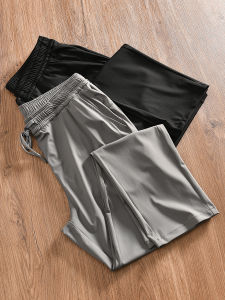 กางเกงลำลองชายผ้าไหมน้ำแข็งแห้งเร็วระบายอากาศได้ดีเอวยางยืดกีฬาฤดูร้อน กางเกงขายาวทรงตรงเอวกลางสีพื้น