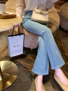 High Waist Bell Bottom Jeans  Retro Blue Denim Basic Style Nine Points Autumn Season Ladies High Elasticity Standard Fit