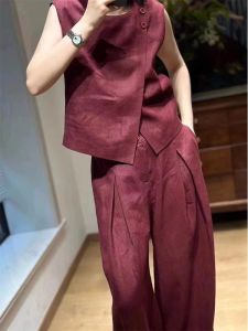 QFN | Elegant and Casual Loose-fitting Burgundy Vest and Trousers Set