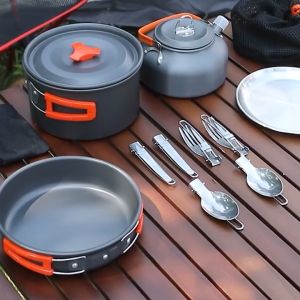 SONCO Aluminum Alloy Cookware 4 Combination Set Pot Pan Kettle Camping Tableware Outdoor Cooking Set Portable 8 IN 1