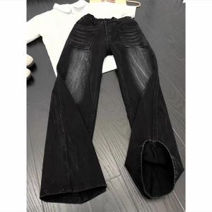 Retro Lightning Bamboo Fiber Pattern Loose Straight Leg Mens Jeans Spring Autumn Vibe High Street Micro Flared Workwear