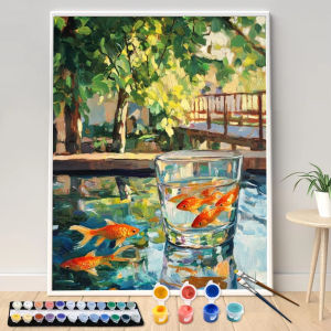 Bộ Tranh Tô Màu Theo Số Hình Cá Vàng 40x50cm Trong Ly Chủ Đề Mùa Hè Tự Làm Trang Trí Nhà Cửa Quà Tặng Bộ Tranh Vẽ Trên Vải
