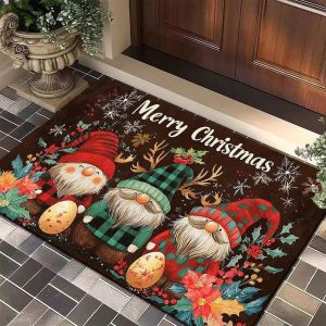 VIKAMA Christmas Gnome Area Mat Colorful Dwarf Merry Christmas Text Print Non Slip Doormat For Entryway Porch Holiday Decor