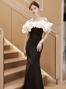 Black Evening Dress off-Shoulder Light Luxury Minority High-End Temperament Slim Looking Socialite Host Fishtail Dress French Style