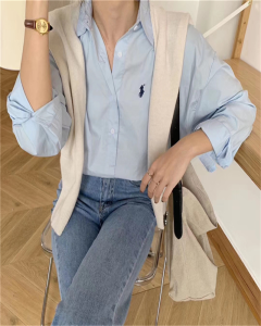 Vegetable Dongdaemun Spring/Summer New Simple Style Loose-Fitting Striped Long Sleeves Shirt Female Pony Embroidery Pattern