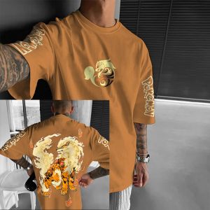 Breathable Cotton T-shirt Pokemon Print Crew Neck T-shirt Elastic Tee for Comfortable Sports Activities Durable&Skin-friendly