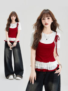 Red Short Sleeve T-Shirt Womens Slim Fit Summer New Style Bordered Patchwork Hollow out Design Versatile Casual Top