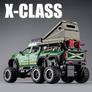 1:28 Scale X-Class 6x6 UNIMOG Motorhome Camping Car Model Toy Shock Absorption Sound Light Pull Back Off-road Vehicles Boys Gift