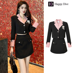 Happy Diva ชุดเซ็ท 2 ชิ้น ผญ เสื้อคลุมสูท+กระโปรง เดรสผู้หญิง สีดำ เดรสทำงาน เดรสไฮโซ ชุดออกงาน 50488
