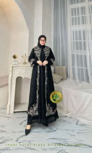 Gamis Abaya Inner Outer  2 in 1 Hitam Bahan Ceruty Terbaru Mewah Spesial Raya 2025