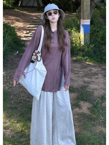 YUEZHONGWEI | Purple Round Neck Ice Silk Long Sleeve T-Shirt Women Thin See-Through Sun Protection Loose Blouse