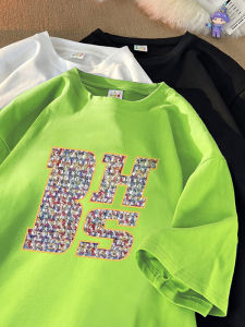 Fluorescent Green Short Sleeve Mens T-shirt Embroidery Design American Style Summer Fashion Trendy Brand Dopaamine Clothing