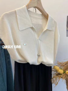 White Polo Collar Short Sleeve T-Shirt for Women Summer Thin Knit Ice Silk Reversible Sleeve Work Clothing K-style Loose Type