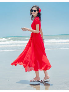 Summer Chiffon Dress Seaside Vacation Hainan Sanya Dress Slimming and Fashionable Temperament Red Short-Sleeved Beach Dress