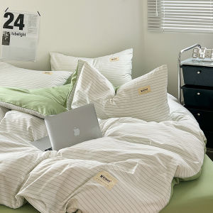 ชุดเครื่องนอนลายทาง Dansunreve 4IN 1ชุดผ้าปูที่นอนพร้อมผ้าคลุมผ้านวมเรียบง่ายสีเหลืองอ่อน/น้ำเงิน/ปลอกผ้านวมสีชมพู + แบน/ผ้าปูที่นอน + ปลอกหมอนขนาดเตียงเดี่ยวขนาดคิงไซส์