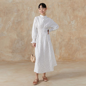 New Chinese Style Polka Dot Slim Fit Womens Dress High Waist Zipper Print Pleated Long Sleeve Fairy Skirt Autumn New Arrival