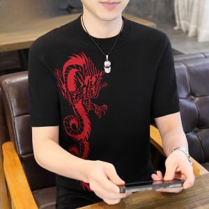 HENGYUANXIANG | Red Knitted Short Sleeve T-Shirt Casual Fashionable Dragon Year Limited Edition Youthful Vitality Spring Autumn Polyester Blend