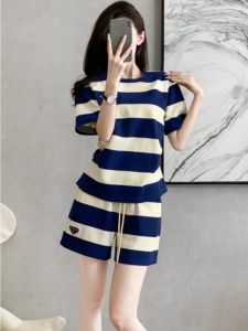 Fashion Casual Sports Two-Piece Set for Women Summer Striped Short Sleeve Top Wide Leg Shorts High End Feeling Small Yacht Set