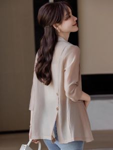 Casual Style Thin Silk Womens Blazer Summer Lightweight Seven Sleeve Sun Protection Straight Cut Button up Casual Wear