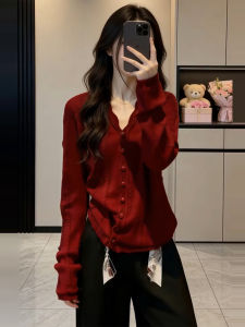 LIRUSHAN | Red V-Neck Knit Sweater for Winter Women
