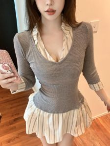 GUZILIAN | Slim Fit Knitted Dress V Neck Half Sleeve Striped Womens Shirt Summer Design Sensual Gentle Two Tone Patchwork Midi Dress