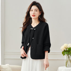 2024 New Spring Autumn Red Chinese Style Short Coat Casual Open Cardigan National Trend Mom Top Marimo Brand round Neck Long Sleeve