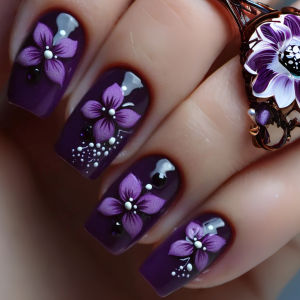 Medium Square Fake Nails for Women Girls Purple White Flowers Design for Spring Summer French Nail Tips Press On False Nail Art