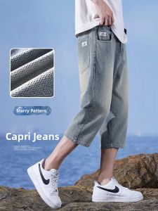 Summer Thin Ice Silk Space Pattern Straight Tapered Pants 3/4 Length