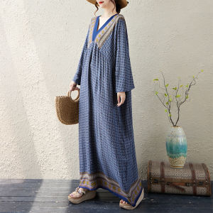 ชุดเดรสยาวแขนยาวคอวีทรงหลวมสไตล์ฝรั่งเศสสำหรับผู้หญิงไซส์ใหญ่ ชุดเดรสยาวทรงตรงทรงหลวมสไตล์ลำลอง