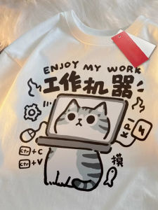 เสื้อยืดแขนสั้นผ้าฝ้ายแท้หลวมๆ สำหรับฤดูร้อน 2024 สำหรับผู้หญิง เสื้อคอกลมลายการ์ตูน แฟชั่นลำลอง สไตล์ญี่ปุ่นและเกาหลีใต้