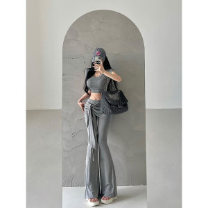 Younggirlday Lusi Same Style High Waist Fake Two-Piece Shoelace Slim Fit Flared Casual Pants Mop Trousers Tide