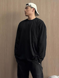 Pure Black Cotton Long Sleeve Base Tee Mens Spring Autumn Basic Style Inner Wear American Casual Cleanfit T-Shirt