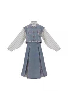 New Chinese Style Chinese Style Suit Skirt Womens Autumn and Winter Improvement Han Elements Denim Vest Stripes Shirt Skirt Three-Piece Set