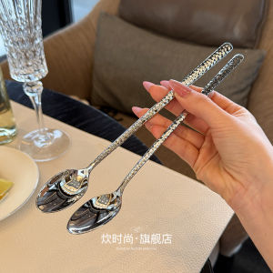 Luxury Hammered Long Handle Stirring Spoon Stainless Steel 18/10 Honey Coffee Spoon Vintage European Style Metal Utensil