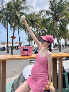 ชุดสองชิ้นฤดูร้อนของผู้หญิงตั้งครรภ์พร้อมสายเอี๊ยมและกระโปรงสลิปแขนกุดสําหรับใช้ทุกวันผ้าฝ้ายบริสุทธิ์ความยาวสั้นเป็นพิเศษ