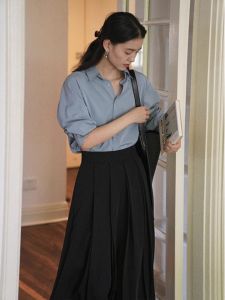 Classic Mauve Blue Long Sleeve Commuter Style Womens Shirt Autumn Winter French Vintage Layering Shirt Polo Collar Pure Color