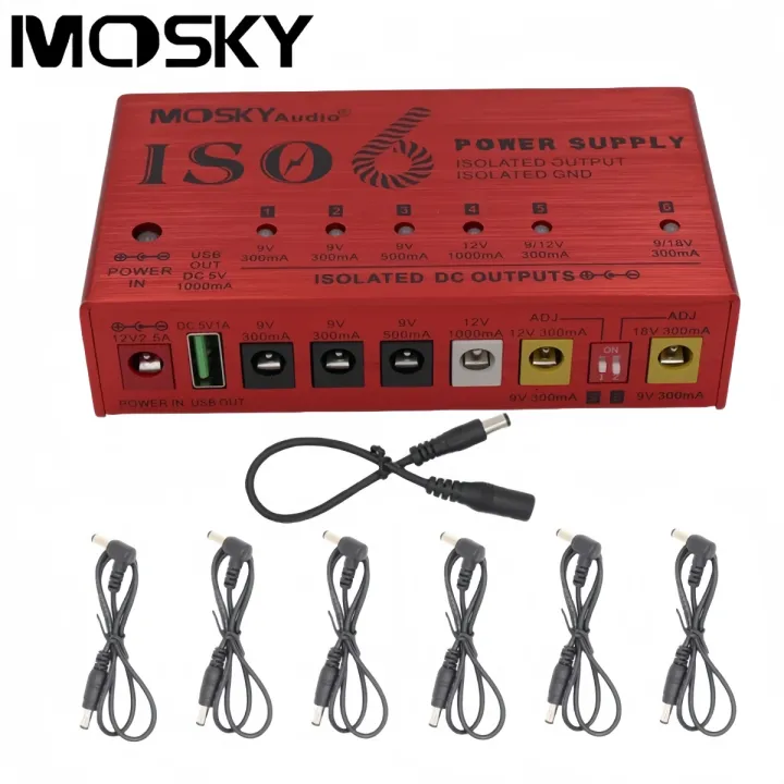 Mosky ISO-6 Guitar Effect Pedal Power Supply 6 Isolated DC Outputs (9V/12V/18V) + 5V USB for Electric Guitar Bass Pedalboard