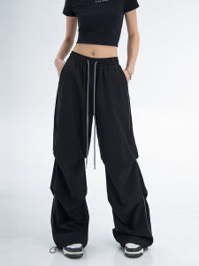 กางเกงขายาวทรงหลวมสไตล์อเมริกันสำหรับผู้หญิง กางเกงขายาวแบบผสมแห้งเร็ว สไตล์ฤดูใบไม้ผลิและฤดูใบไม้ร่วง สีดำ กางเกงขายาวลำลองแบบอเนกประสงค์