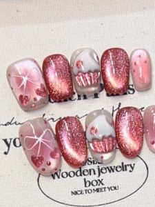 New Year Limited Edition Pink Heart Butterfly Knot Cake Transparent Ice Cat Eye Fake Nails Fashionable Cute Nail Art Design