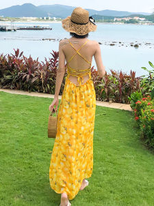 Beach Dress Womens Backless Bohemian Long Skirt Summer Vacation High Waist V-neck A-line Sweet Style Polyester Fiber
